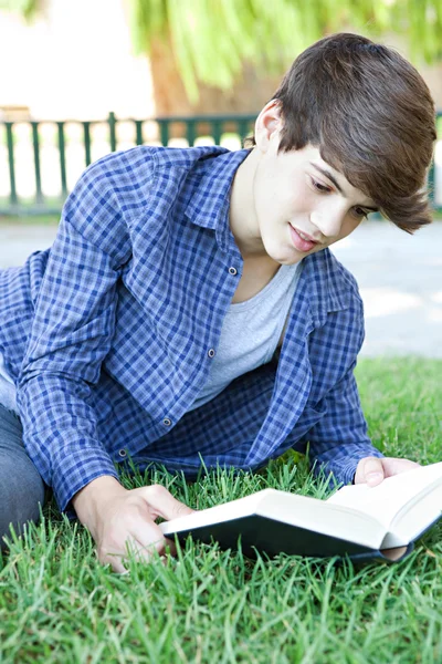 Chlapec čtení knihy na trávě — Stock fotografie