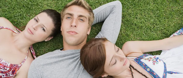 Friends laying down on green grass in a park — Stock fotografie