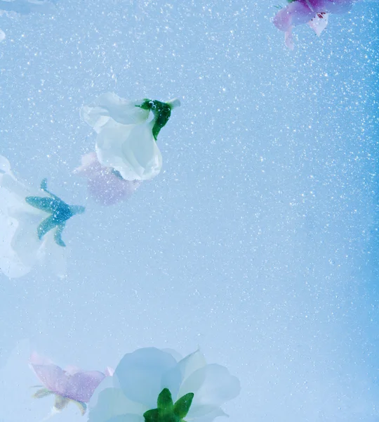 Bubbles and liquid water with white and pink flowers submerging under water — ストック写真