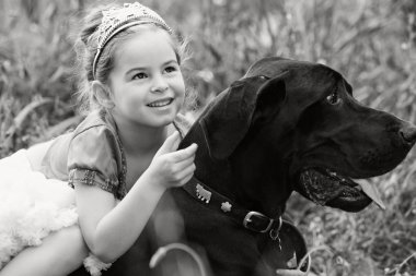 girl sitting on her dogs in a park field