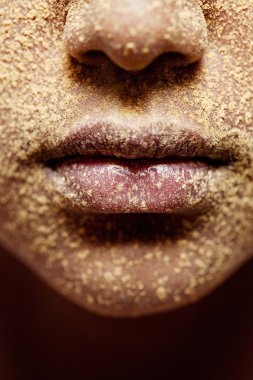 girl face with makeup powder pigment and glitter