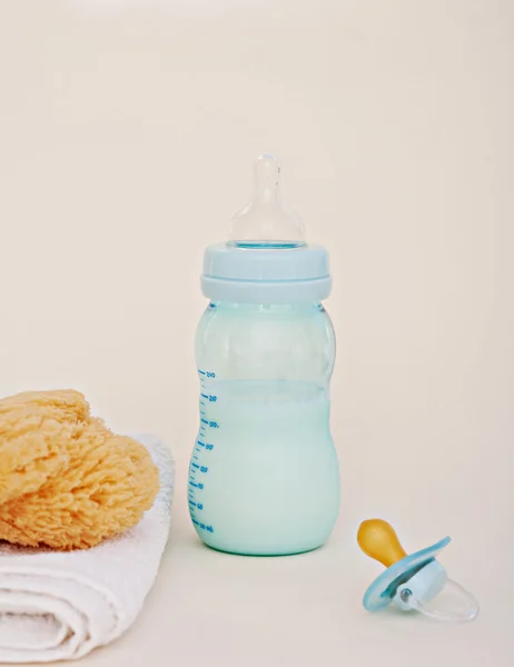 Baby dummy and feeding bottle — Stock fotografie