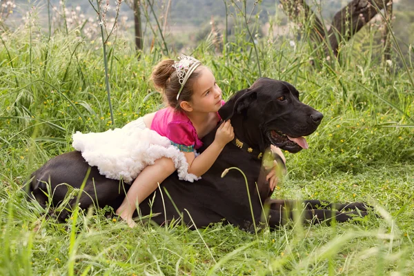 Girl sitting on her dogs in a park field — Stockfoto