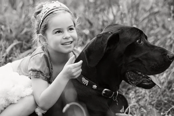 Girl sitting on her dogs in a park field — Stock Fotó