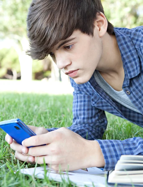 Boy on grass using a smartphone — Stockfoto