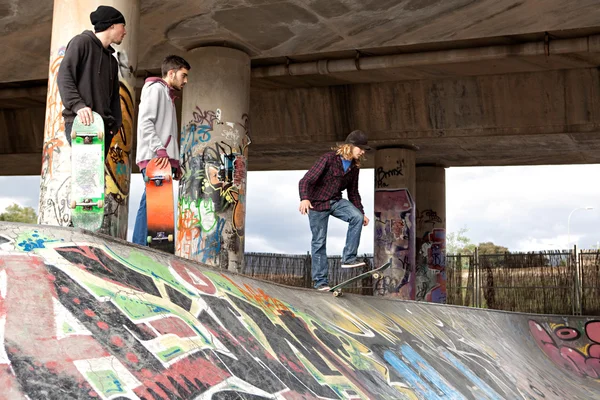 Amici adolescenti che fanno sport in un parco di skateboard — Foto Stock