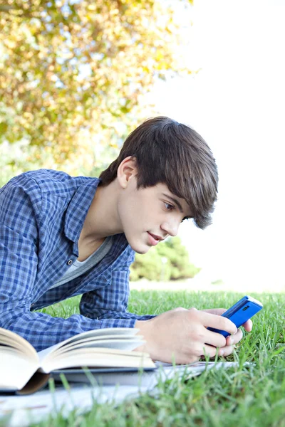 Студентський хлопчик у парку за допомогою смартфона — стокове фото
