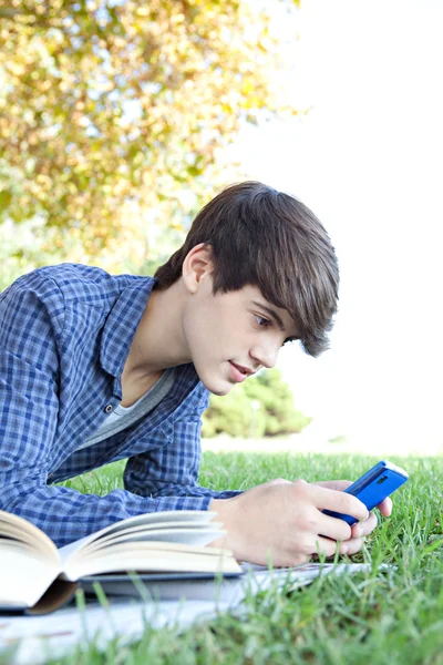 Student boy in a park using a smartphone — Stock Photo, Image