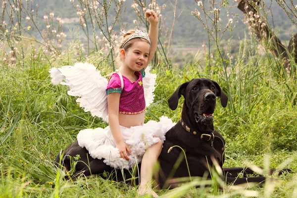 Girl sitting on her dogs in a park field — Stockfoto