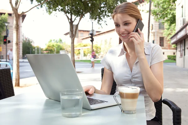 Mulher de negócios usando um computador portátil enquanto em um telefonema — Fotografia de Stock