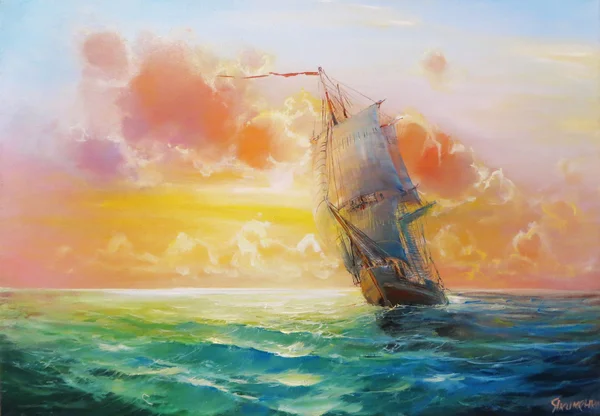 Sailboat at sunrise. Painting. — Stock Photo, Image