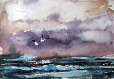 Deniz manzarası. Bulutlar denize. Suluboya.