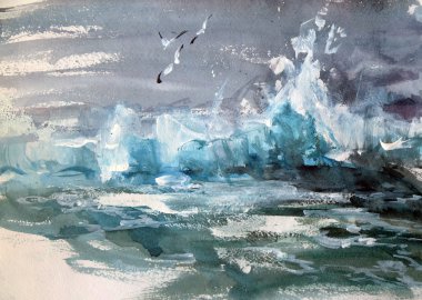 Deniz manzarası. Dalga. Suluboya.