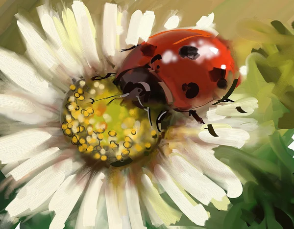 Ladybug on camomile. Digital painting. — Stock Photo, Image