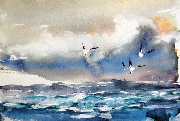Seagulls Sunrise. Aquarelle peinture . — Photo
