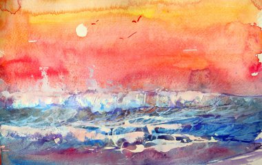 Deniz sıcak renklerde. Suluboya resim.