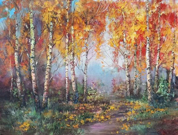 Autumn Birches Painting Picture Painted Artistic Paints — Stock Photo, Image