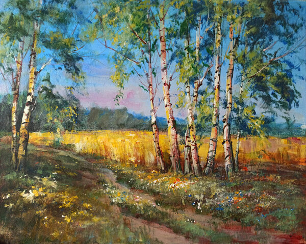 Birch Trees Field Painting Stock Photo