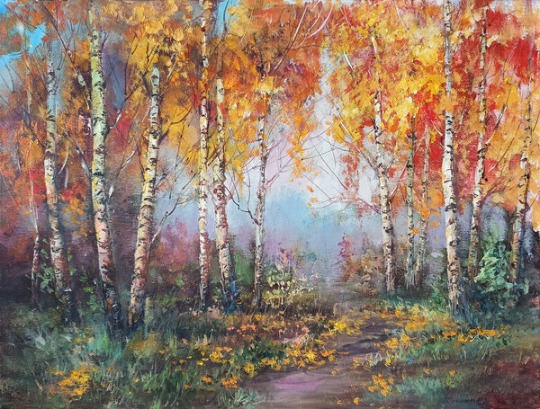 Autumn Birches Painting Picture Painted Artistic Paints Stock Photo