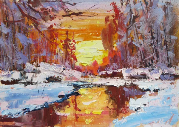 Winter Sunset Oil Canvas — Stock Photo, Image