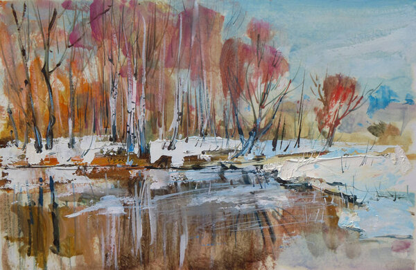 Scenery First Snow Painting Birches Pond Royalty Free Stock Images
