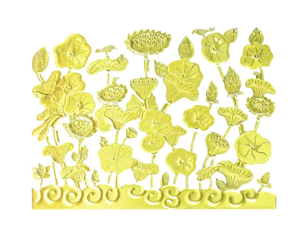 Gouden lotusbloemen met dieren houten gravure Stockafbeelding