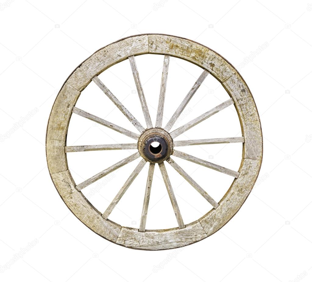 Old wooden wheel from a cart isolated