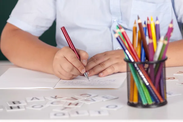 Boy in a shirt with school boards — Stock Photo, Image