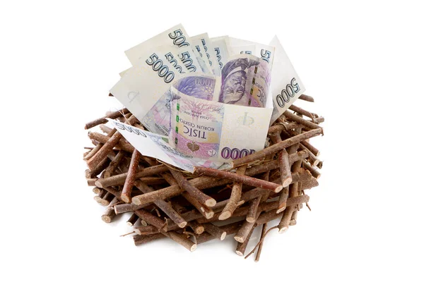 Tsjechisch Papiergeld Met Hart Witte Achtergrond Nest Hart Sparen 5000 — Stockfoto