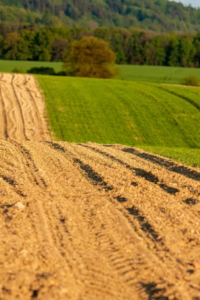 Idílica vista rural de hermosas tierras de cultivo en los hermosos alrededores de las montañas de hierro — Foto de Stock