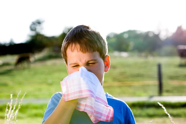 Criança com alergia ao pólen enquanto assoa o nariz com um lenço branco na natureza — Fotografia de Stock