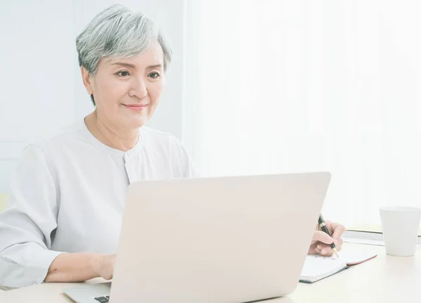Modern elderly grey-haired 60s woman take online course or training on computer at home.