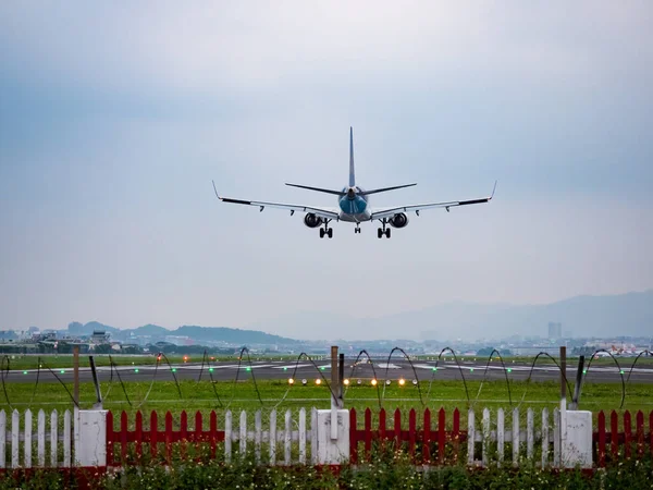 Airplane Landing in Taipei City, Taiwan.
