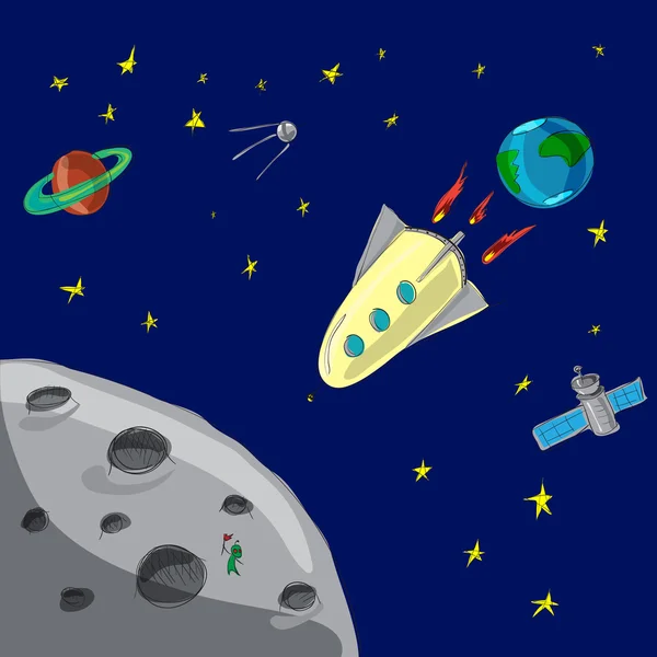 Cohete de vuelo de la Tierra a la Luna — Vector de stock