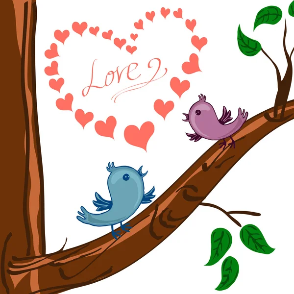 Valentinsherz und zwei Vögel auf dem Baum — Stockvektor