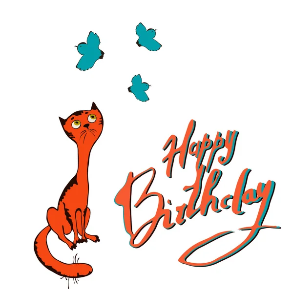 Illustration vectorielle chat et oiseau félicitations joyeux anniversaire — Image vectorielle