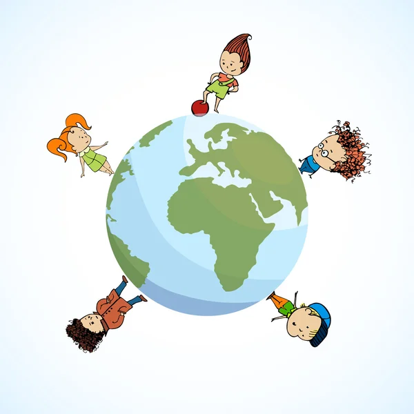 Vector illustration of a group  children the globe — Stock Vector