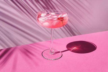 Pink champagne with ice on the table with sun shadows. On a pink background with palm leaves, front view.