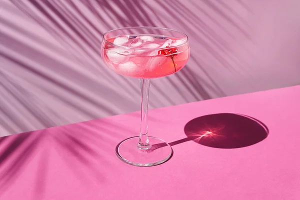 Рожеве Шампанське Льодом Столі Сонячними Тінями Рожевому Тлі Пальмовим Листям — стокове фото