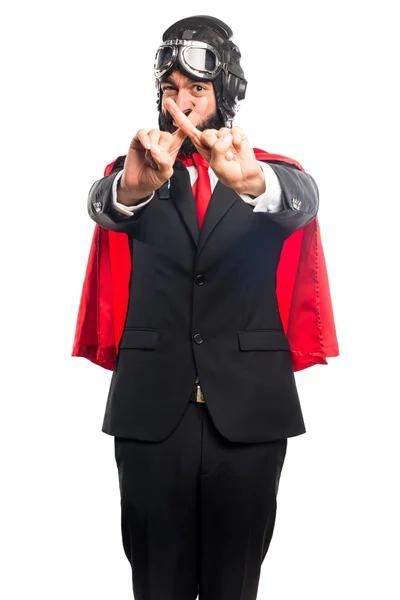 Biznesmen super bohater robi nie gest — Zdjęcie stockowe
