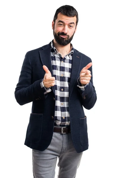 Bonito homem apontando para a frente — Fotografia de Stock