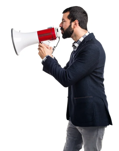 Hombre gritando por megáfono — Foto de Stock