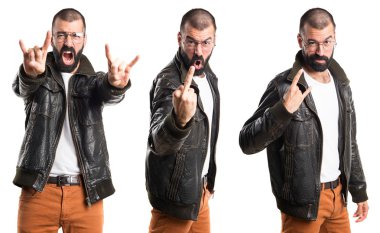 Erkek deri ceket boynuz jest yapma ile