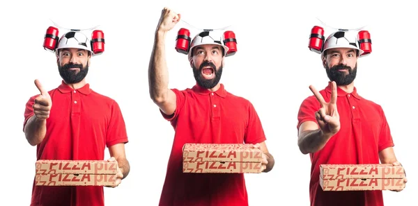 Repartidor de pizza haciendo gesto de victoria — Foto de Stock