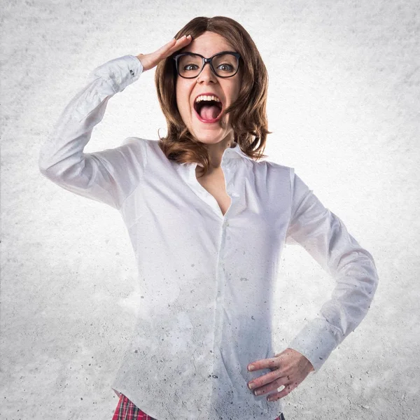 Pretty young girl showing something — Stock Photo, Image