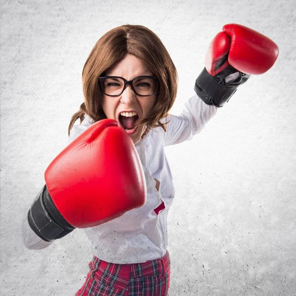 Student girl with boxing gloves — Stock Photo, Image