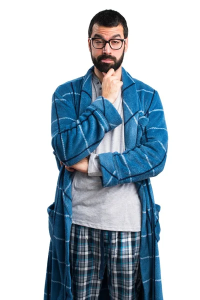 Homme en robe de chambre pensée — Photo