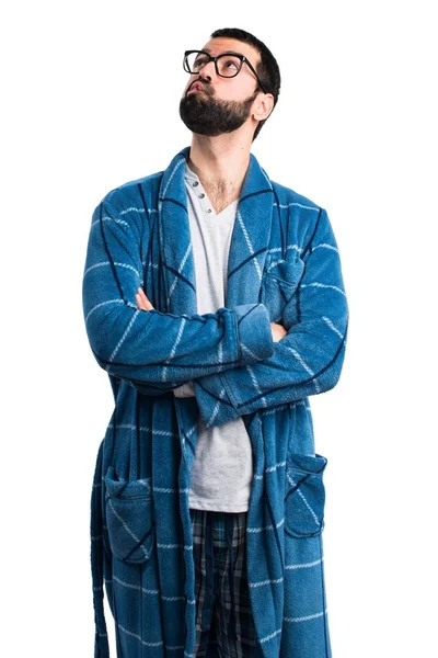 Homme en robe de chambre pensée — Photo