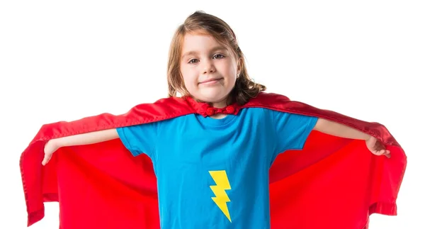 Dívka oblečená jako superhrdina překrýt gesto — Stock fotografie