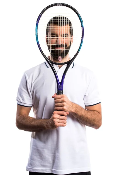 테니스 선수 라켓 그의 뒤에 숨어 — 스톡 사진